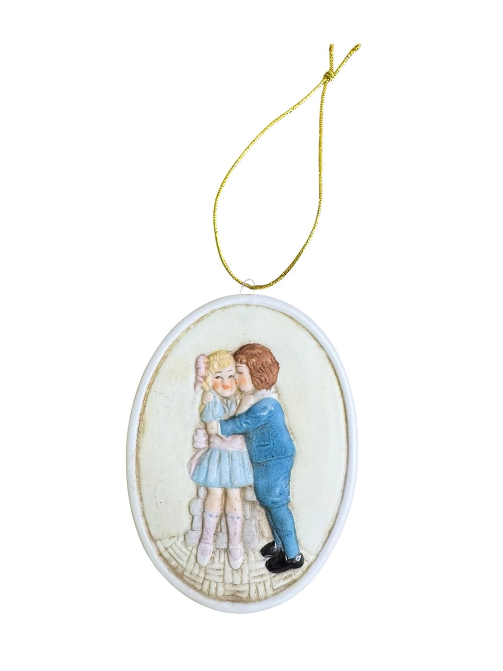 Vintage Cream and Blue Oval Boy Girl Hanging Ornament
